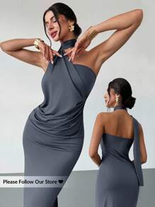 Firerie 女士摩卡棕色不对称喇叭袖宽松连衣裙，时尚长裙，春夏服装，适合通勤、优雅、性感、度假、海滩、波西米亚、夏威夷、音乐节、派对、工作服婚礼宾客正式礼服 - 霧霾藍 - 查看 1