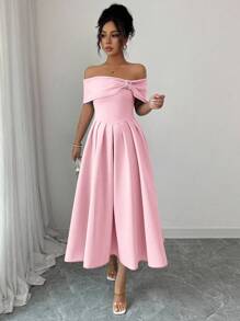 Selianne Đầm midi xòe tay ngắn hở vai đính đá thời trang dành cho nữ - Hồng - Xem 4