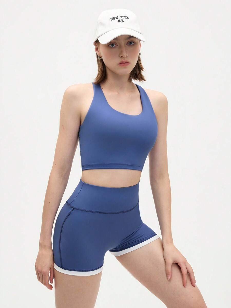 Eassivo Eassivo 女式纯色露背背心和高腰短裤运动套装