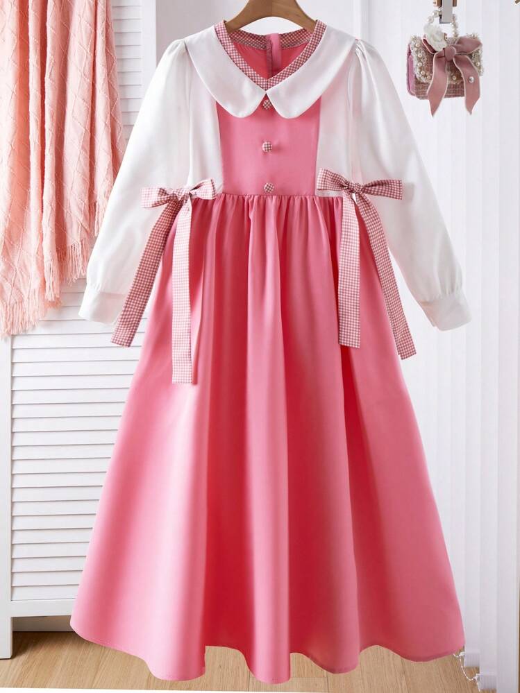 女童格子拼布连衣裙，纽扣装饰，蝴蝶结点缀，后背隐形拉链，时尚百搭，适合上学、外出、街头穿着，可搭配夹克 - 西瓜粉 - 查看 3