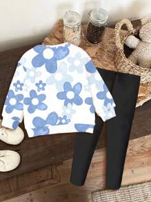SHEIN 卡哇伊卡通蓝兔露露与史迪奇图案，蓝色渐变花卉，少女休闲圆领长袖卫衣和紧身裤两件套，适合秋冬。度假风情，阳光之旅，春季休闲装，夏季度假，家庭回忆，可爱的Y2K椰子女孩波西米亚春假，早午餐准备的淡蓝色女孩之旅，霓虹海滩风情，波西米亚嬉皮风格音乐节 - 彩色 - 查看 3