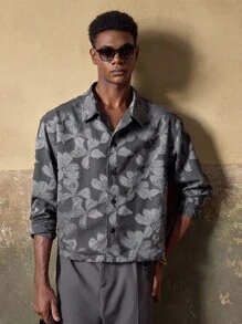 AKNOTIC Men's Gray-Blue Floral Jacquard Casual Loose Fit Long Sleeve Lapel Jacket, Suitable For Summer, Autumn, Vacation, Daily Matching, Party, Couple, Men's Gift