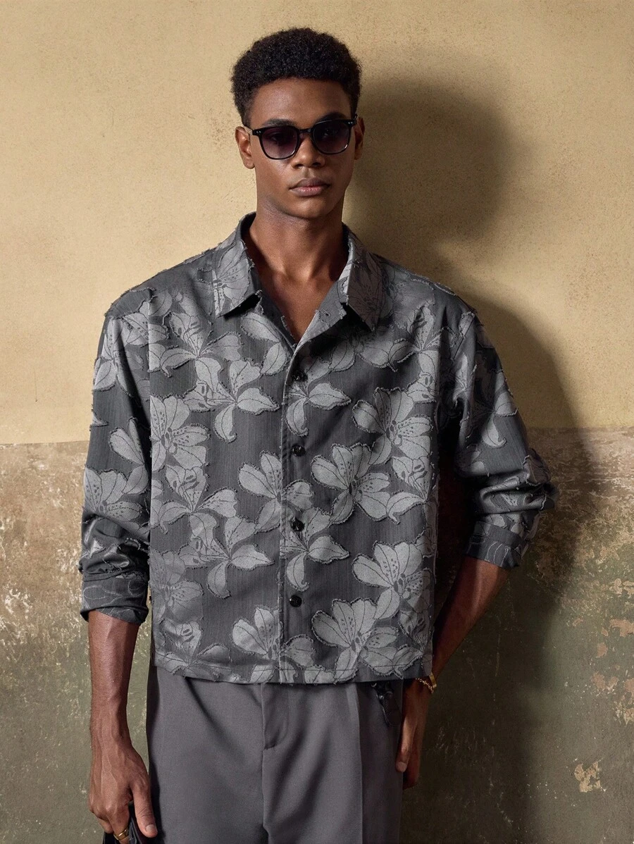 AKNOTIC Men's Gray-Blue Floral Jacquard Casual Loose Fit Long Sleeve Lapel Jacket, Suitable For Summer, Autumn, Vacation, Daily Matching, Party, Couple, Men's Gift