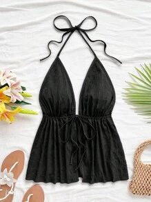 Soleia 休闲 V 领系带露背纹理面料红色背心 - 黑色 - 查看 6