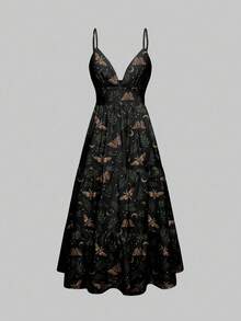 ROMWE Goth 哥特式黑暗森林飞蛾太阳月亮星星植物印花宽松度假性感女式连衣裙，万圣节 - 黑色 - 查看 1