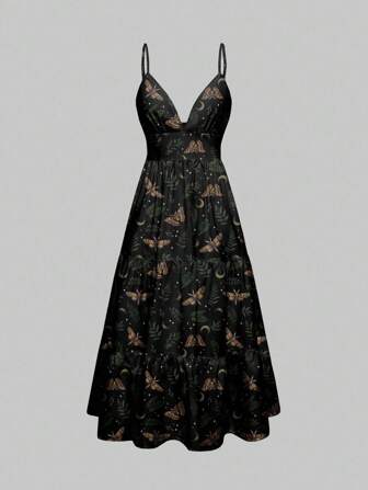 Goth Gothic Dark Forest Moth Sun Moon Star Plant Print Loose Vacation Sexy Women Dress