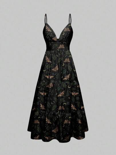 Gothic Dark Forest Moth Sun Moon Star Plant Print Loose Vacation Sexy Women Dress, Halloween