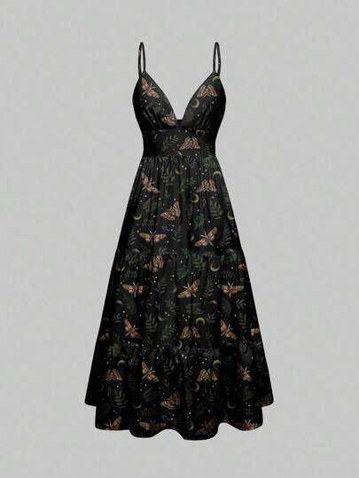 ROMWE Goth 哥特式黑暗森林飞蛾太阳月亮星星植物印花宽松度假性感女式连衣裙，万圣节