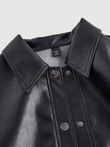 SHEIN MOD 大码女式黑色百搭PU皮夹克，复古前卫机车休闲宽松长袖皮夹克，宽松H型短款PU夹克，秋冬 - 黑色 - 查看 7