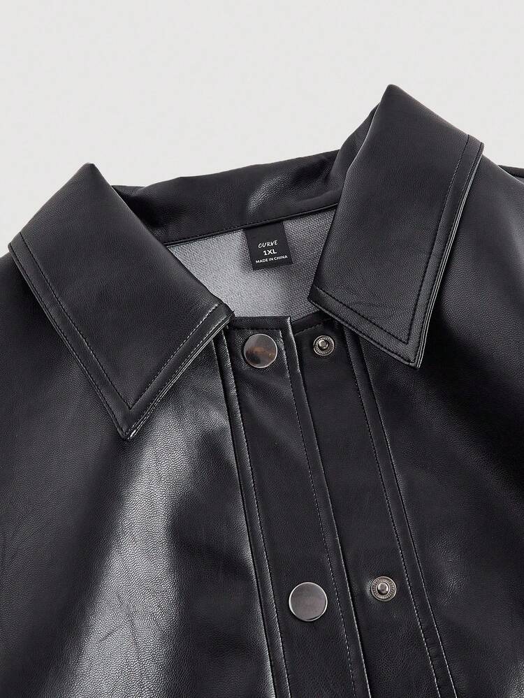 SHEIN MOD 大码女式黑色百搭PU皮夹克，复古前卫机车休闲宽松长袖皮夹克，宽松H型短款PU夹克，秋冬 - 黑色 - 查看 7