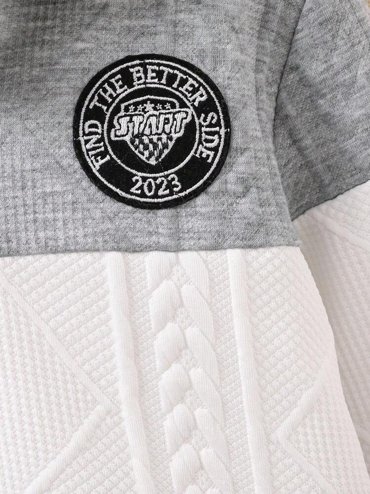 SHEIN 年轻女孩提花拼布简约运动连帽棒球夹克，百搭2025年开学季年轻女孩校园休闲运动装 - 彩色 - 查看 4