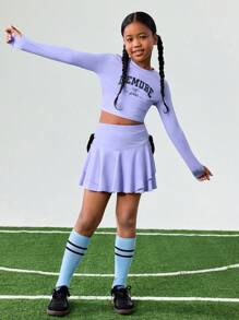 JNSQ 青少年女孩 2 件套服装套装 - 图案字母和蝴蝶结印花长袖上衣搭配 A 字裙，适合秋冬日常穿着、户外活动、度假、街头服饰、派对和休闲