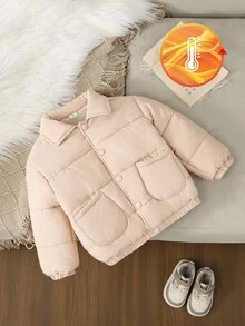 Young Boys Solid Color Minimalist Everyday Padded Coat, Long Sleeve Fall Winter - Apricot - View 1