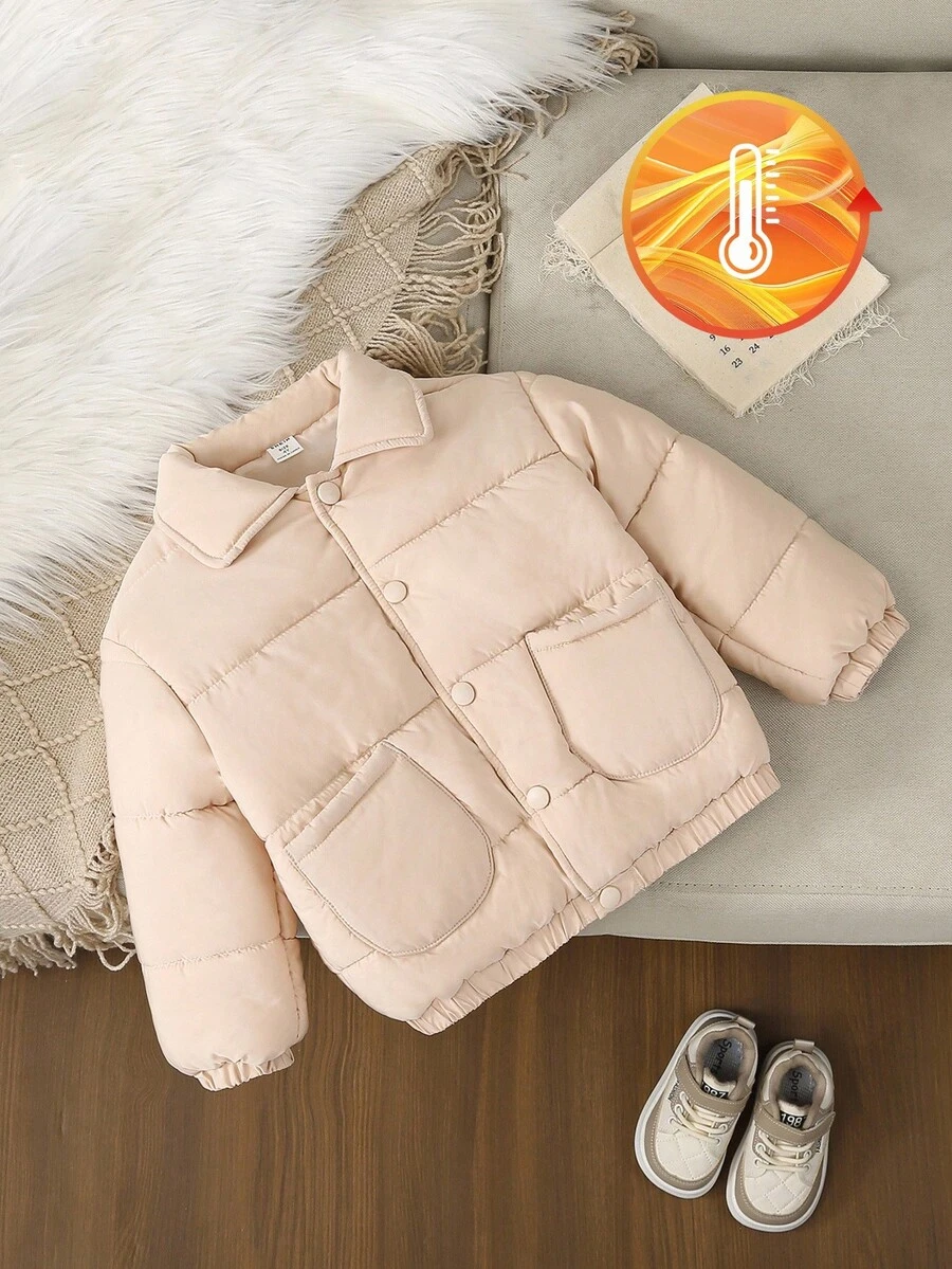 Young Boys Solid Color Minimalist Everyday Padded Coat, Long Sleeve Fall Winter - Apricot - View 1