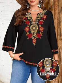 EMERY ROSE Blusa casual con cuello en V, cómoda, de talla grande, con estampado floral rojo y dorado sobre fondo negro