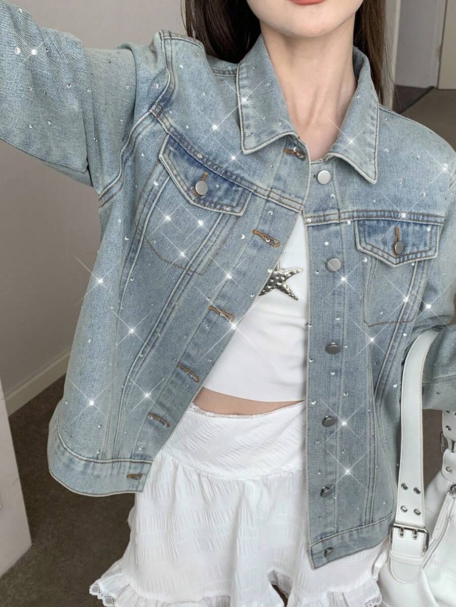 SHEIN 少女时尚休闲 Y2K 复古酷炫闪亮钻石蓝牛仔宽松翻领长袖外套,柔软日常穿着,适合春夏秋冬锐舞节、海滩街头风,闪亮牛仔外套,水钻牛仔外套 - 藍色 - 查看 1