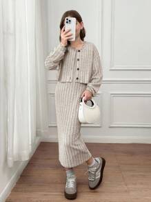 SHEIN Serisse Kids Tween Girl Casual Chic French Elegant Ribbed V-Neck Long Sleeve Fitted Cardigan Jacket With Slim Fit Maxi Dress Set, Suitable For Weekend, Casual Outing, Back To School, Tween Matching Set Knit, Knit Two Piece Set, Casual Two Piece Set, Girls Ribbed Set, Girl Knit Set Fall Winter