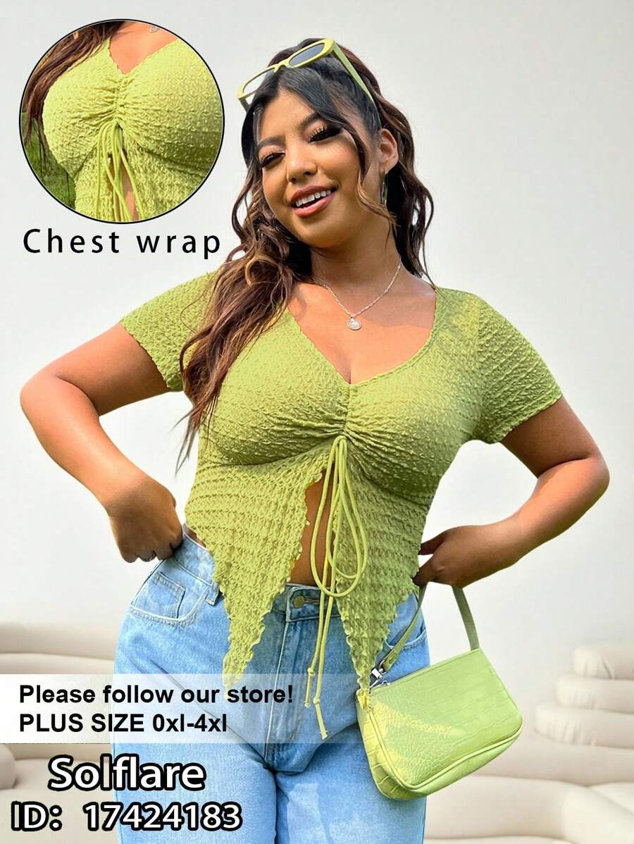 Solflare Plus Drawstring Front Asymmetrical Hem Tee - Lime Green - View 1