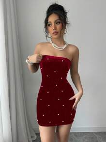 Elenzga 圣诞节和新年露肩珍珠腰优雅浪漫女士连衣裙 - 紅色 - 查看 7