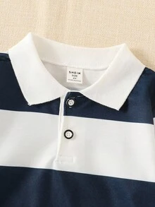 SHEIN Explorewe 年轻男孩条纹撞色领针织休闲宽松复古美式长袖 Polo 衫，适合上学和日常穿着 - 彩色 - 查看 3