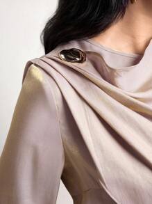 Veilorie 2pcs Women Asymmetric Layered Metal Buckle Glossy Top And Skirt Set