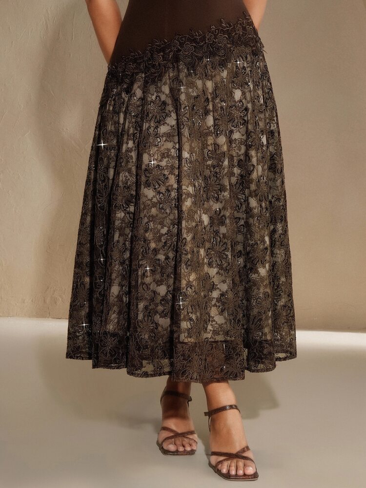 Spring/Summer Lace Patchwork Sequin Decor Long Flared Hem Dress, Suitable For Dates & Holidays