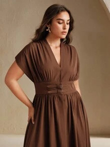 Anewsta Summer Fashion V-Neck Tie Waist Fitted A-Line Peplum Midi Dress - Coffee Brown - View 4