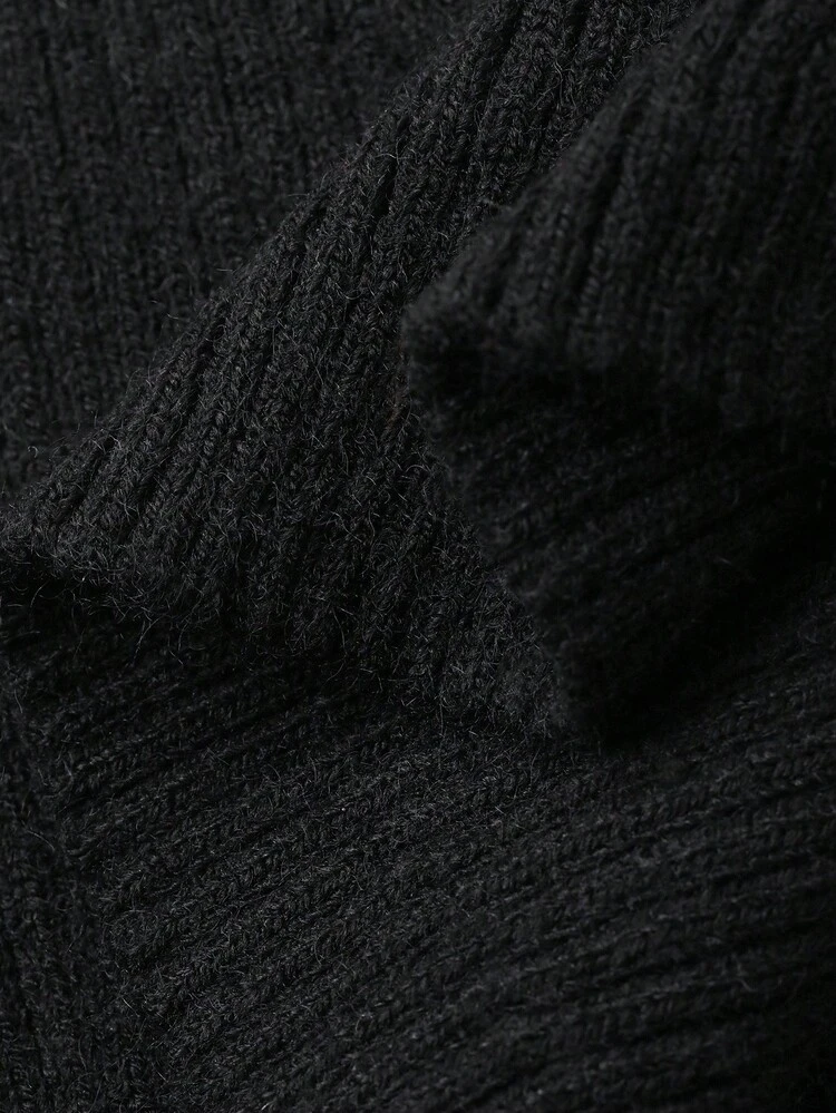 High Collar Waist Cinched A-Line Little Black Dress, Sweater Dress For Layering Under Coats