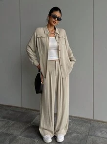 DAZY 2 Stücke Damen Lässig Vintage Münzen Muster Langarm Top und Weite Bein Hose Set Loungewear für Frauen - Aprikosenfarben - Übersicht 8