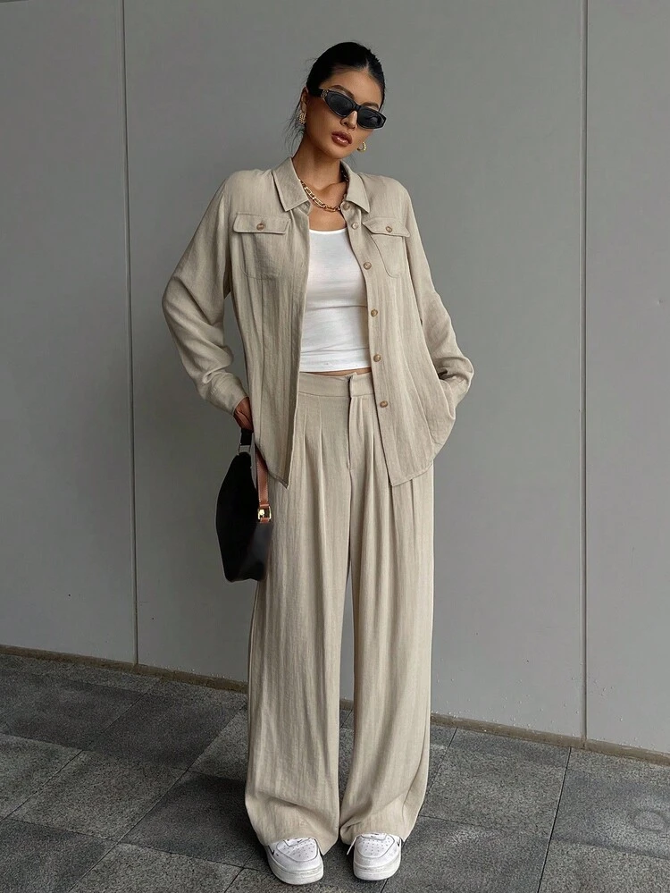 2pcs Women's Casual Vintage Coin Pattern Long Sleeve Top And Wide Leg Pants Set