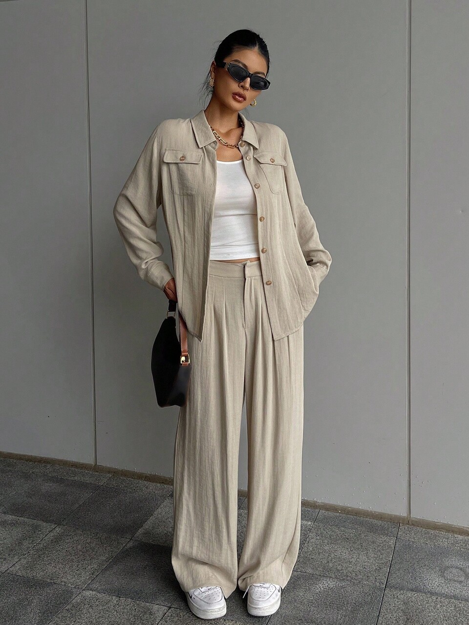 2pcs Women's Casual Vintage Coin Pattern Long Sleeve Top And Wide Leg Pants Set Lounge Sets For Women