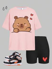 SHEIN 2 件套青少年女孩休闲简约短袖 T 恤和短裤套装，夏季 - 彩色 - 查看 2