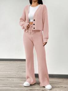SHEIN EZwear 秋冬女装休闲纯色长袖针织开衫两件套，秋季针织两件套2件套休闲套装女 - 藕粉色 - 查看 5