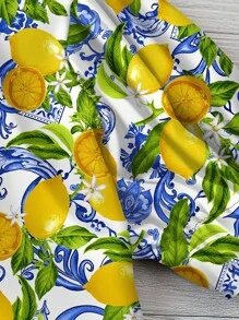 EMERY ROSE 加大码花卉柠檬印花休闲宽松衬衫，简约设计，适合夏季音乐节、度假