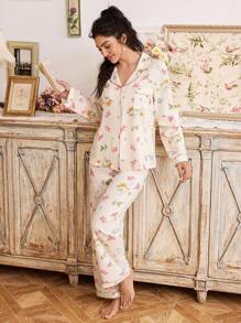 FloralLove Bộ đồ ngủ mềm mại, áo dài tay ve áo họa tiết hoa và quần dài, trang phục thu đông ấm áp và thanh lịch - Nhiều màu - Xem 5