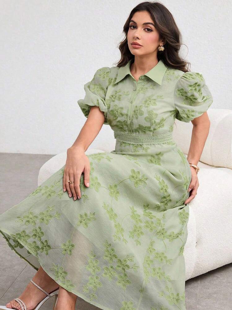 Modelyn Plus Size Turndown Collar Waist Drawstring Embroidered Green Dress - Green - View 6