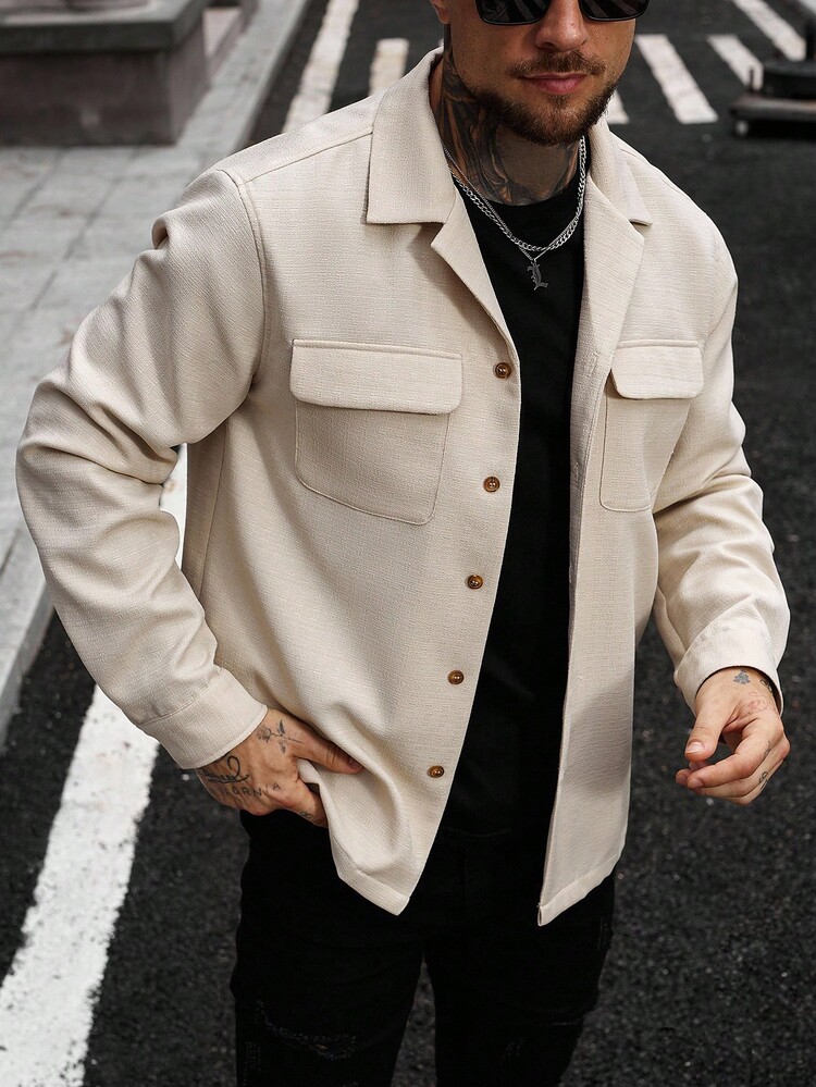 Manfinity CasualCool Chaqueta de camisa de unicolor minimalista casual de manga larga con botones para hombre, color beige, para otoño - Albaricoque - Añade 6