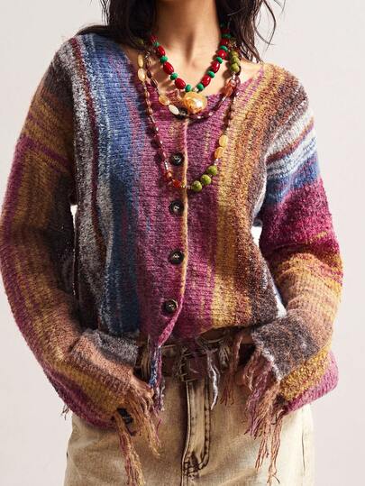 Bohemela Women's Casual Ombre Striped Fringe Hem Cardigan, Suitable For Autumn, Halloween, Christmas,Fall