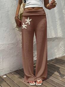 SHEIN EZwear Women's Solid Color Vacation Style Knit Wide Leg Pants - Coffee Brown - View 5