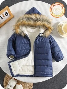 SHEIN Veste à capuche en polaire épaisse unisexe pour bébé avec col en fourrure, bleu foncé, convenant à l'automne/l'hiver, polyvalente pour l'intérieur, l'extérieur, le quotidien, les sports, les jeux, les fêtes, les séances photo, les vacances, les festivals, les raves, le ski