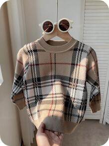 1pc Young Boys Kids Knit Crew Neck Plaid Sweater, Casual & Cozy For Back To School, Daily, Party, Wedding, Daily Wear, Autumn/Winter