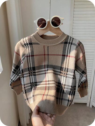 1pc Young Boys Kids Knit Crew Neck Plaid Sweater, Casual & Cozy For Back To School, Daily, Party, Wedding, Daily Wear, Autumn/Winter