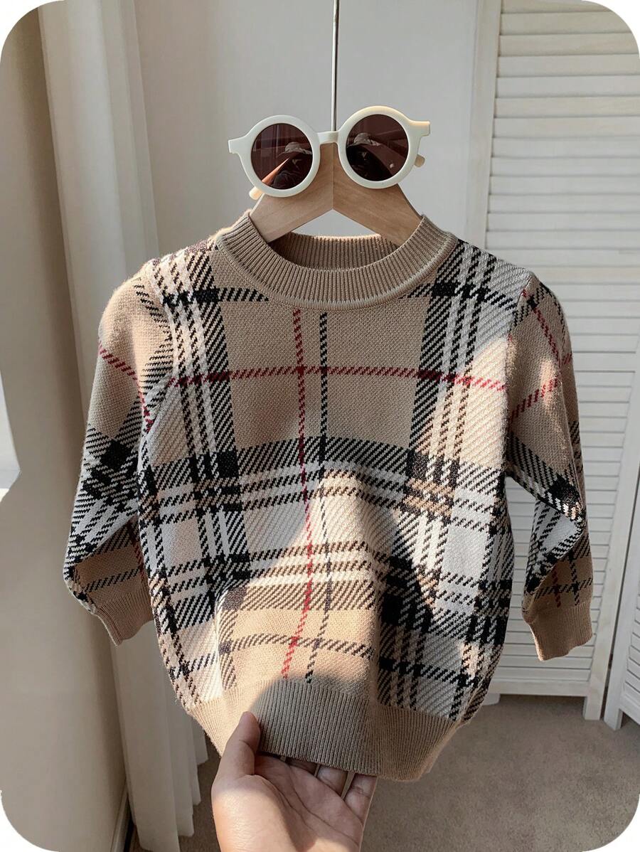 1pc Young Boys Kids Knit Crew Neck Plaid Sweater, Casual & Cozy For Back To School, Daily, Party, Wedding, Daily Wear, Autumn/Winter