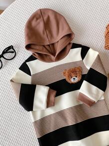 SHEIN 新生儿男女宝宝可爱秋冬休闲条纹卡通熊图案连帽抓绒连体衣，卡其色条纹婴儿服装，新生儿男女宝宝冬季服装，男宝宝服装，熊条纹男宝宝套装，男宝宝连帽连体衣 - 彩色 - 查看 10