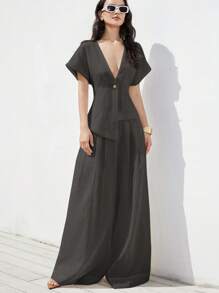 Aveloria Modichic Women's White Linen-Like Asymmetrical V-Neck Loose Textured Casual Vacation Versatile Wide Leg Pants 2 Pieces Set - Grey - View 5
