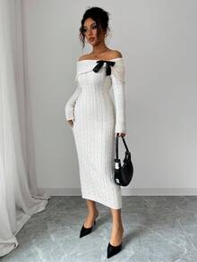 简约休闲蝴蝶结针织连衣裙，优雅气质，春夏女士 - 杏色 - 查看 6