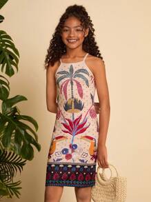 SHEIN Tween Girl Ditsy Floral Knit Cami Dress - Apricot - View 1