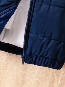 幼儿男童纯色简约连帽长袖棉衣，休闲日常穿着 - 藏蓝色 - 查看 5