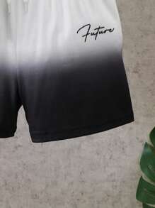 Young Boy Round Neck Regular Shoulder Short Sleeve Ombre T-Shirt And Shorts Set, Casual Summer Outfit - Black - View 5