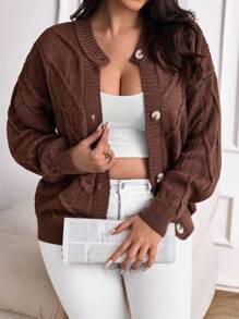 EURMUSE Plus Size Women's Loose Fit Solid Round Neck Long Sleeve Cardigan For Vacation, Long Sleeve Tops - Brown - View 5